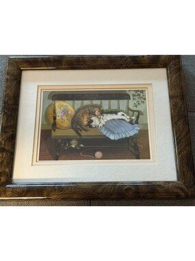 Sleeping Cats Framed Artwork By Burnes Of Boston With Faux Burlwood Frame - 18"x